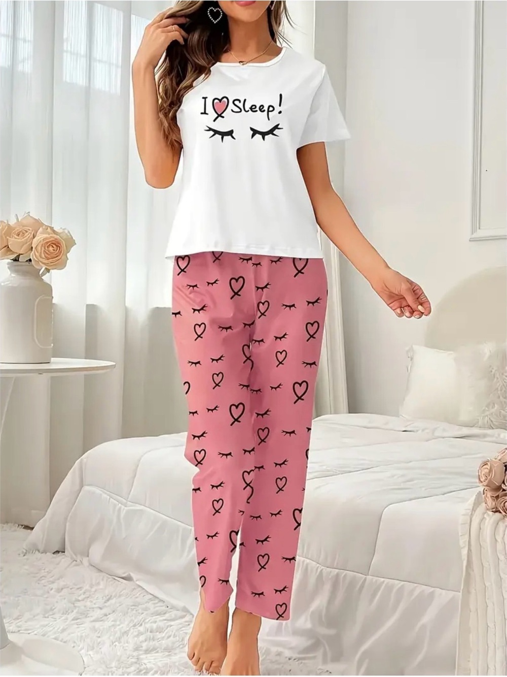 LOVE Sleep 2 Pc Pajama Set Small Short Sleeve Top & Pants Pink Lounge New